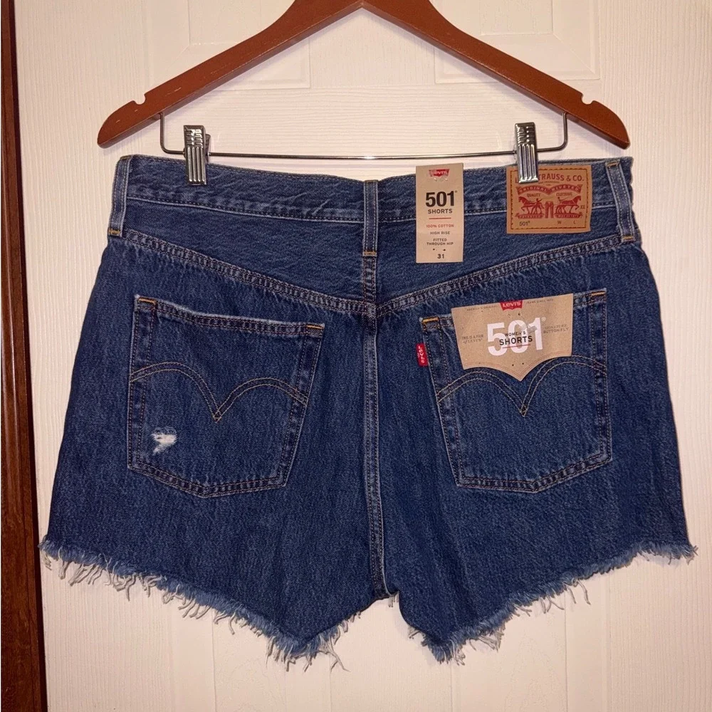 Levis 501 Original High Rise Cutoff Denim Jean Shorts Blue Distressed Size 31